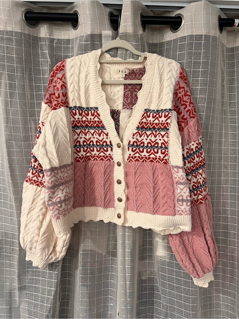Pol Cable Knit Patchwork Cardigan Sweater - Pink & Cream